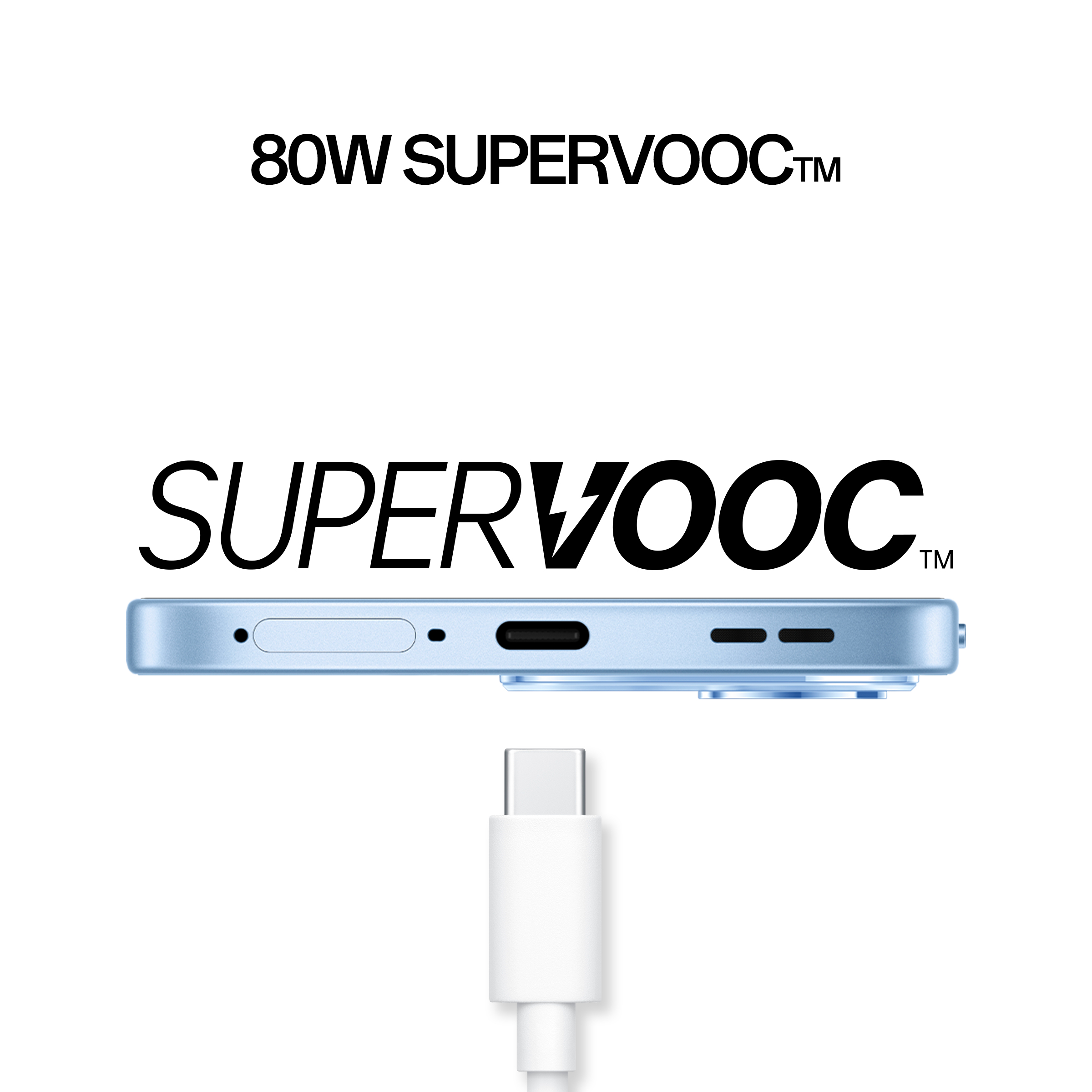 Parte inferiore di uno smartphone azzurro con porta USB-C, cavo bianco e scritta SuperVOOC.