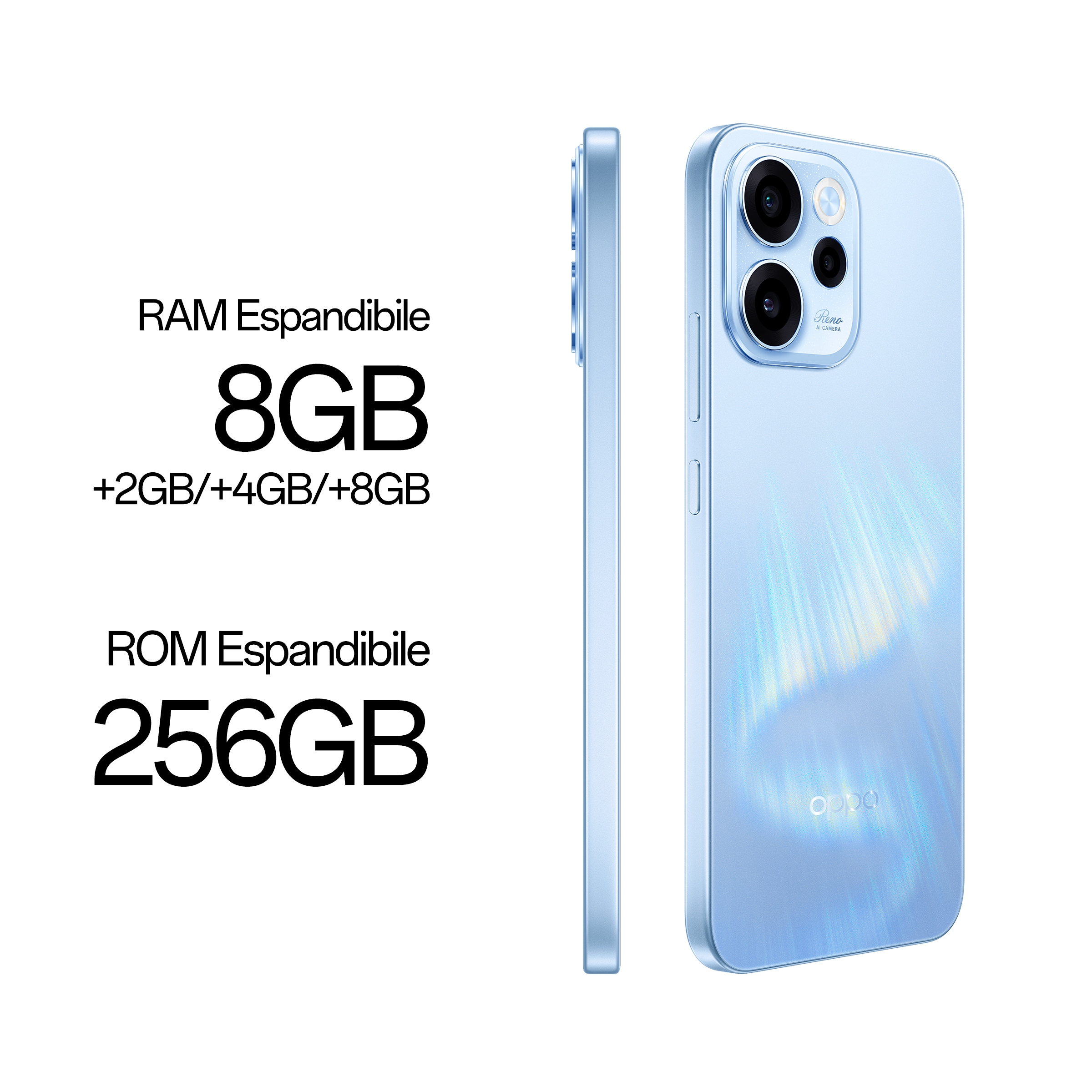 Uno smartphone Oppo azzurro con RAM espandibile da 8 GB e ROM da 256 GB.