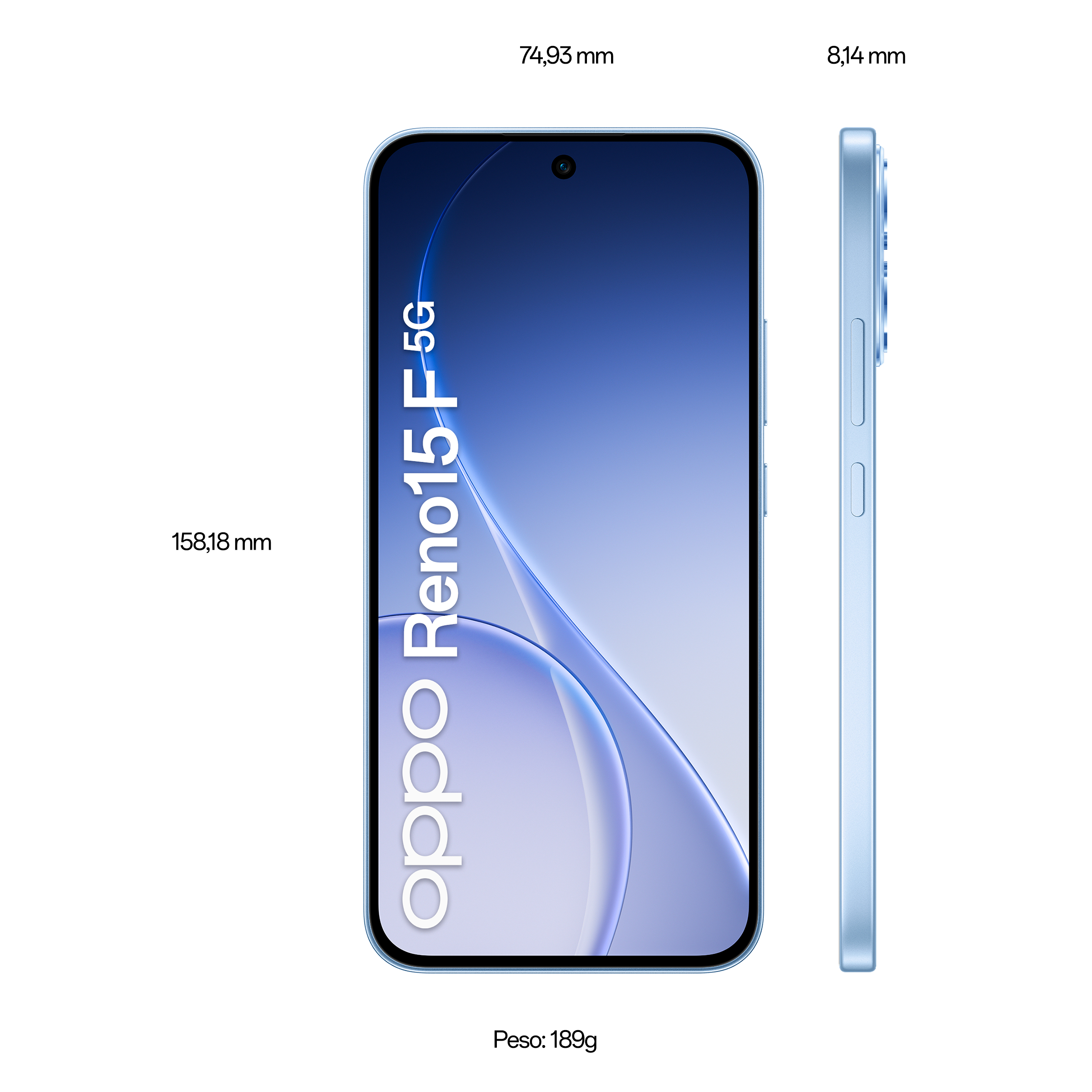 Smartphone blu Oppo Reno15 F 5G dimensioni e profilo laterale con altezza, larghezza, spessore e peso.