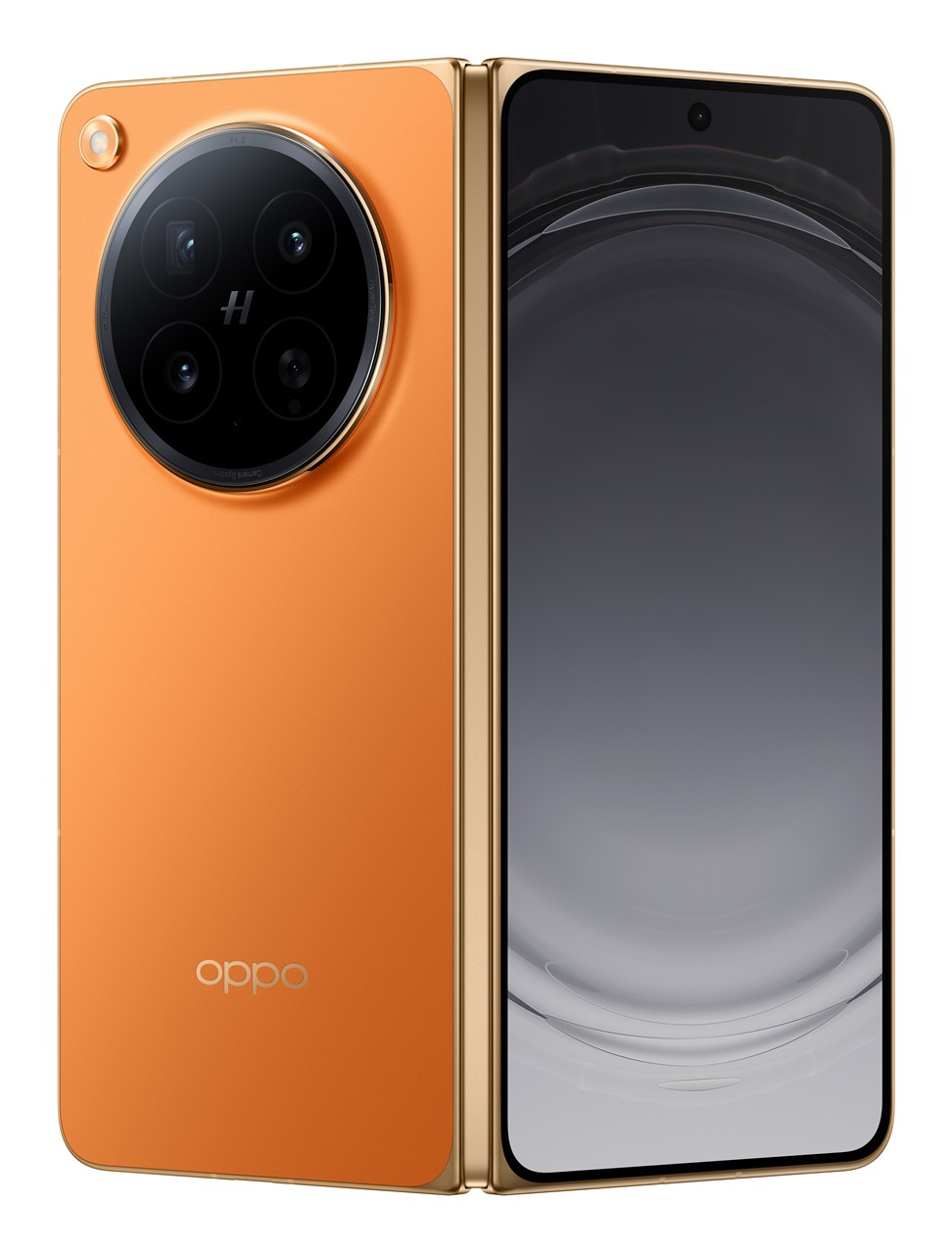 Uno smartphone pieghevole Oppo arancione con un grande modulo fotocamera circolare e schermo aperto su sfondo bianco.