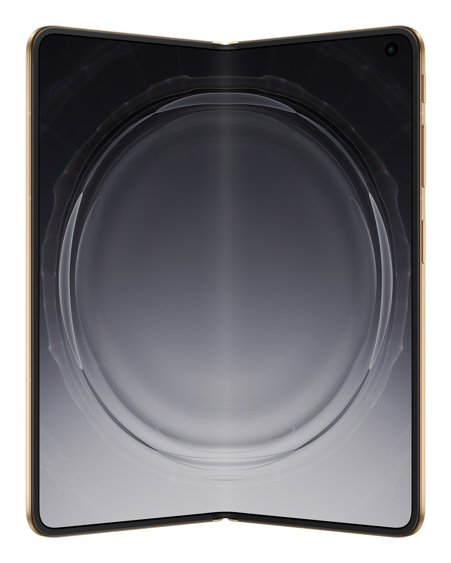 Uno smartphone pieghevole aperto con cornice dorata e grande schermo che mostra uno sfondo astratto circolare.