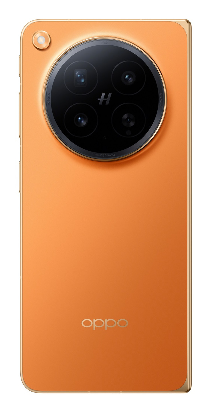Retro di uno smartphone arancione con un grande modulo fotocamera circolare a quattro lenti e logo Oppo.