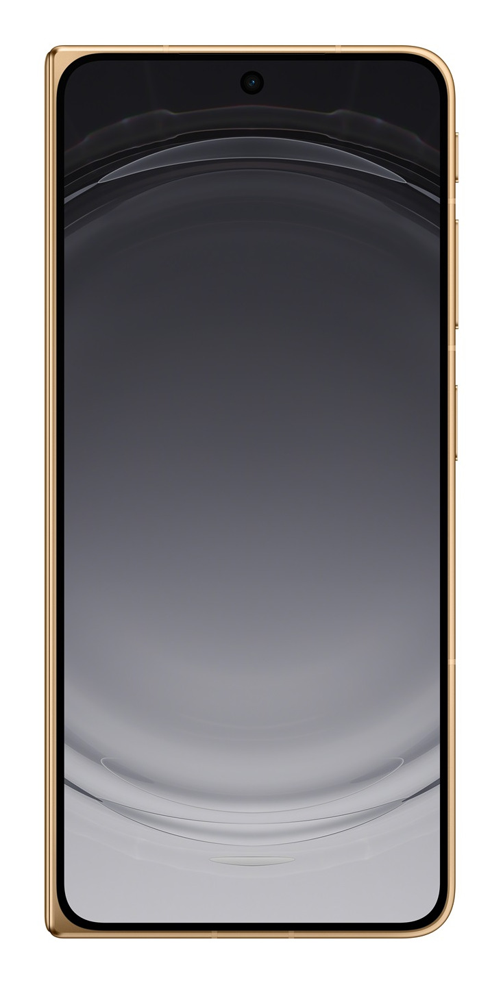 Smartphone dorato con schermo attivo che mostra un elegante motivo a onde.