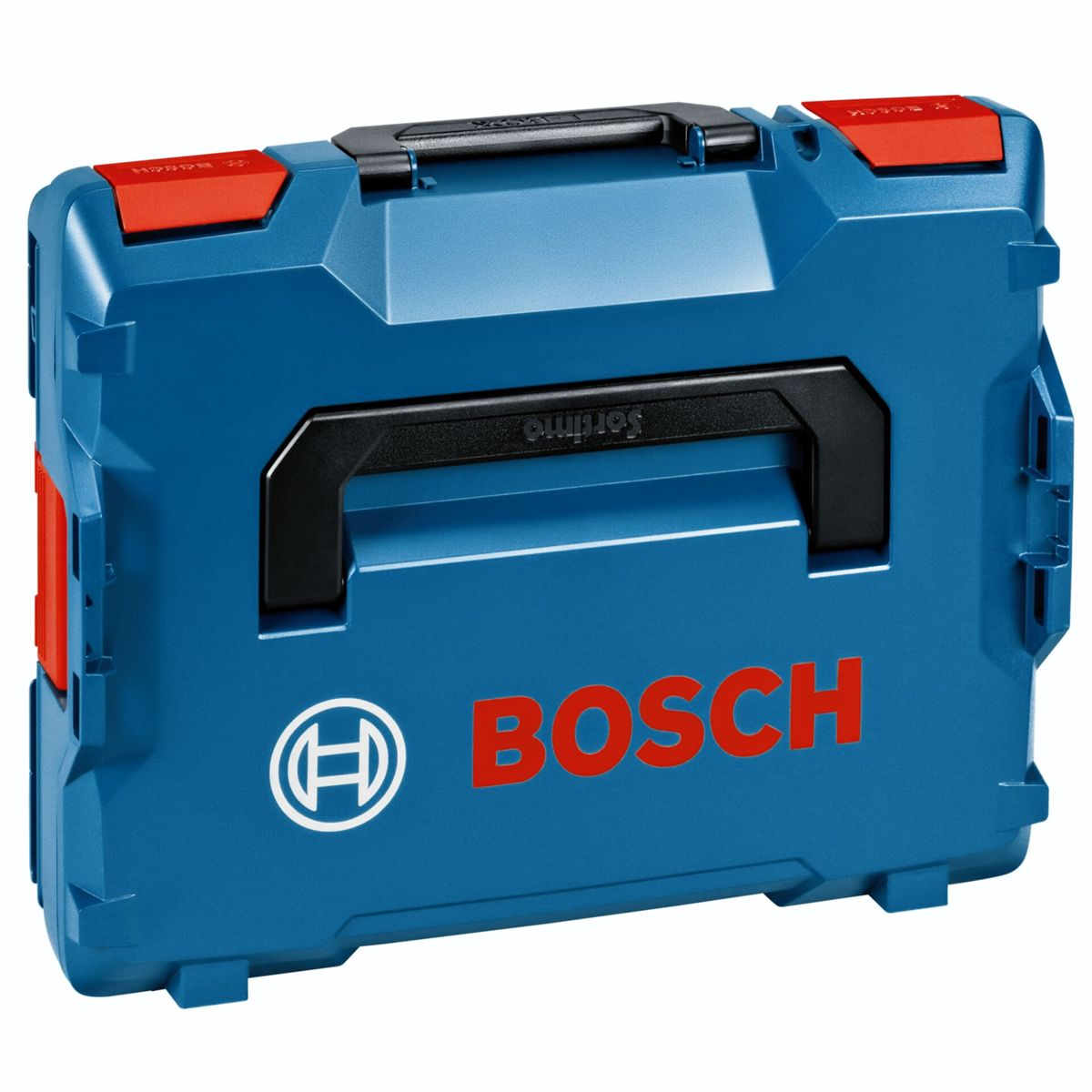 Una cassetta degli attrezzi blu Bosch con logo rosso e maniglie nere su sfondo bianco.