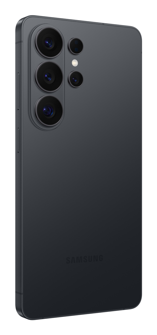 Smartphone grigio scuro visto da dietro con tre obiettivi grandi e due più piccoli e il logo Samsung.
