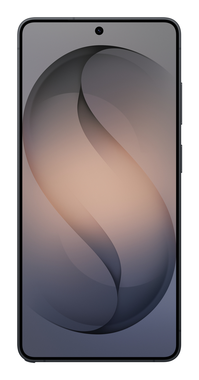 Uno smartphone mostra un motivo di sfondo scuro e curvo a forma di S con fotocamera frontale.