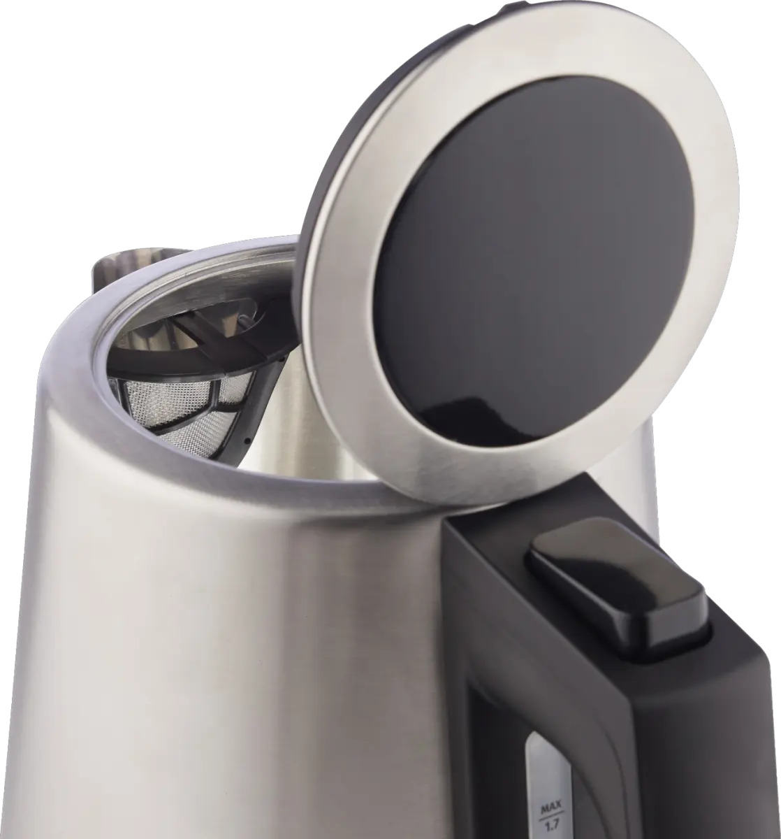 Bollitore elettrico aperto in acciaio inox con manico e filtro neri.