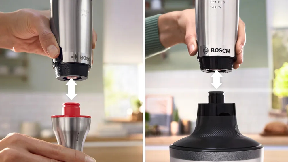 Blender ręczny Bosch jest łączony z akcesoriami, pokazano w dwóch krokach w kuchni.