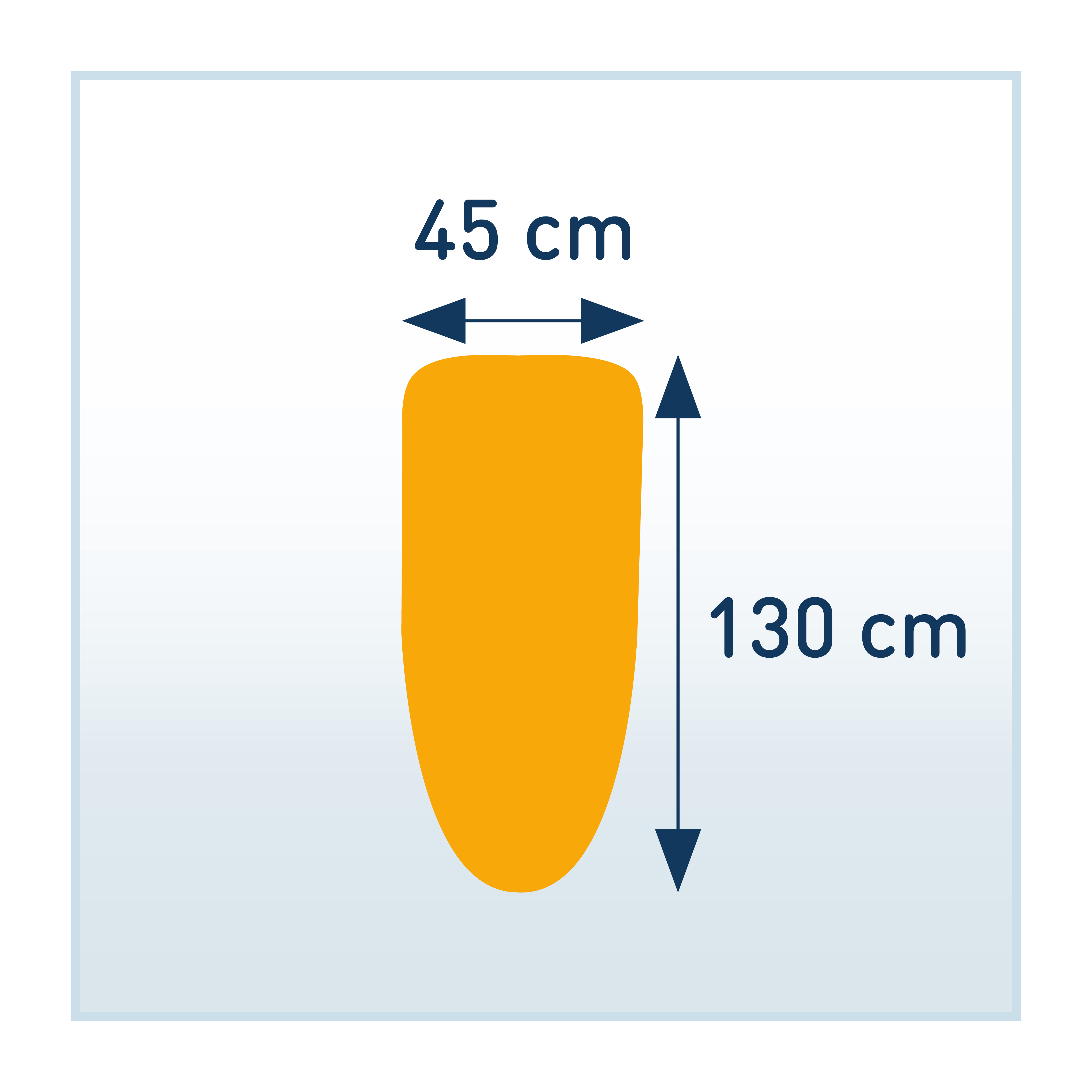 Una forma arancione su sfondo azzurro con frecce di dimensione che indicano 45 cm di larghezza e 130 cm di altezza.