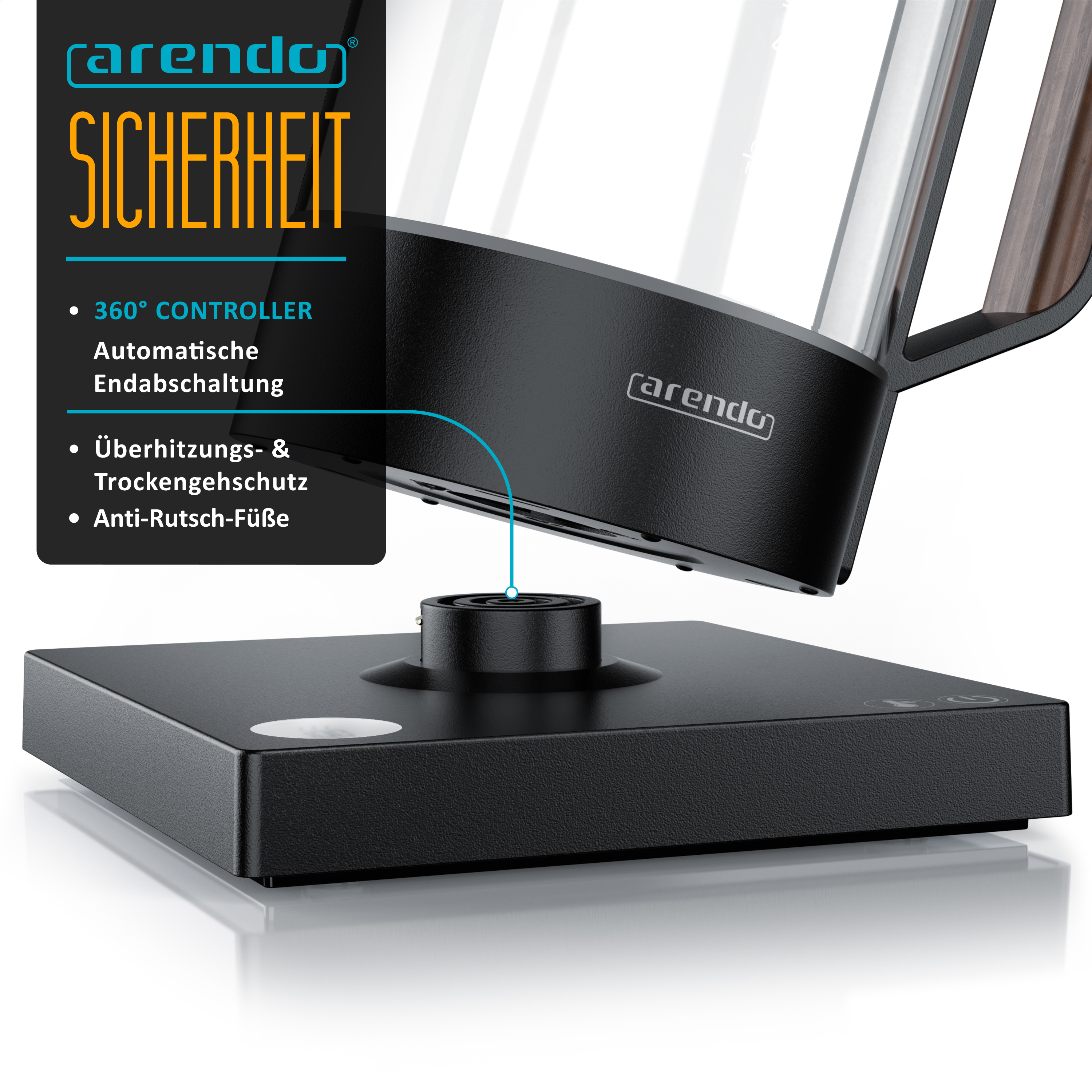 Arendo Wasserkocher mit 360-Grad-Basis, Sicherheitsfunktionen und Text in einem Panel.
