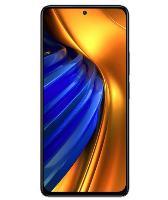 Smartphone nero che mostra uno sfondo astratto blu e oro sullo schermo.