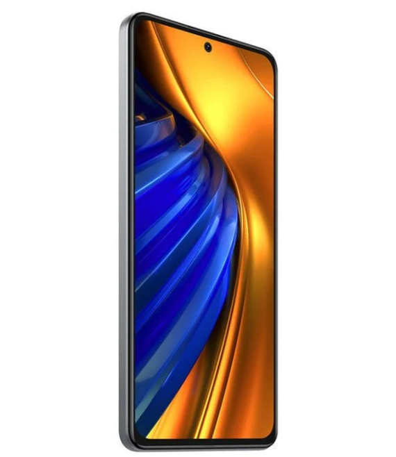 Smartphone nero con uno sfondo astratto blu e arancione brillante sullo schermo.