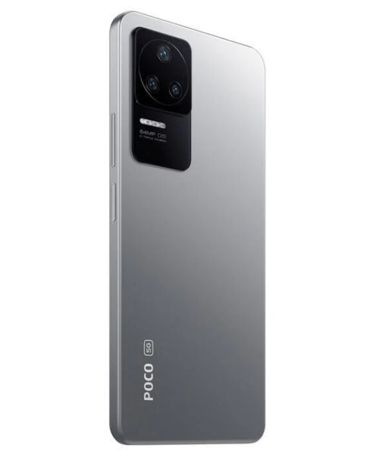 Retro di uno smartphone argento con modulo fotocamera nero in alto a sinistra e logo POCO 5G.