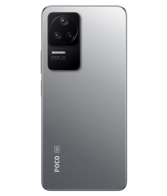 Retro di uno smartphone POCO 5G argentato con un modulo tripla fotocamera rettangolare.