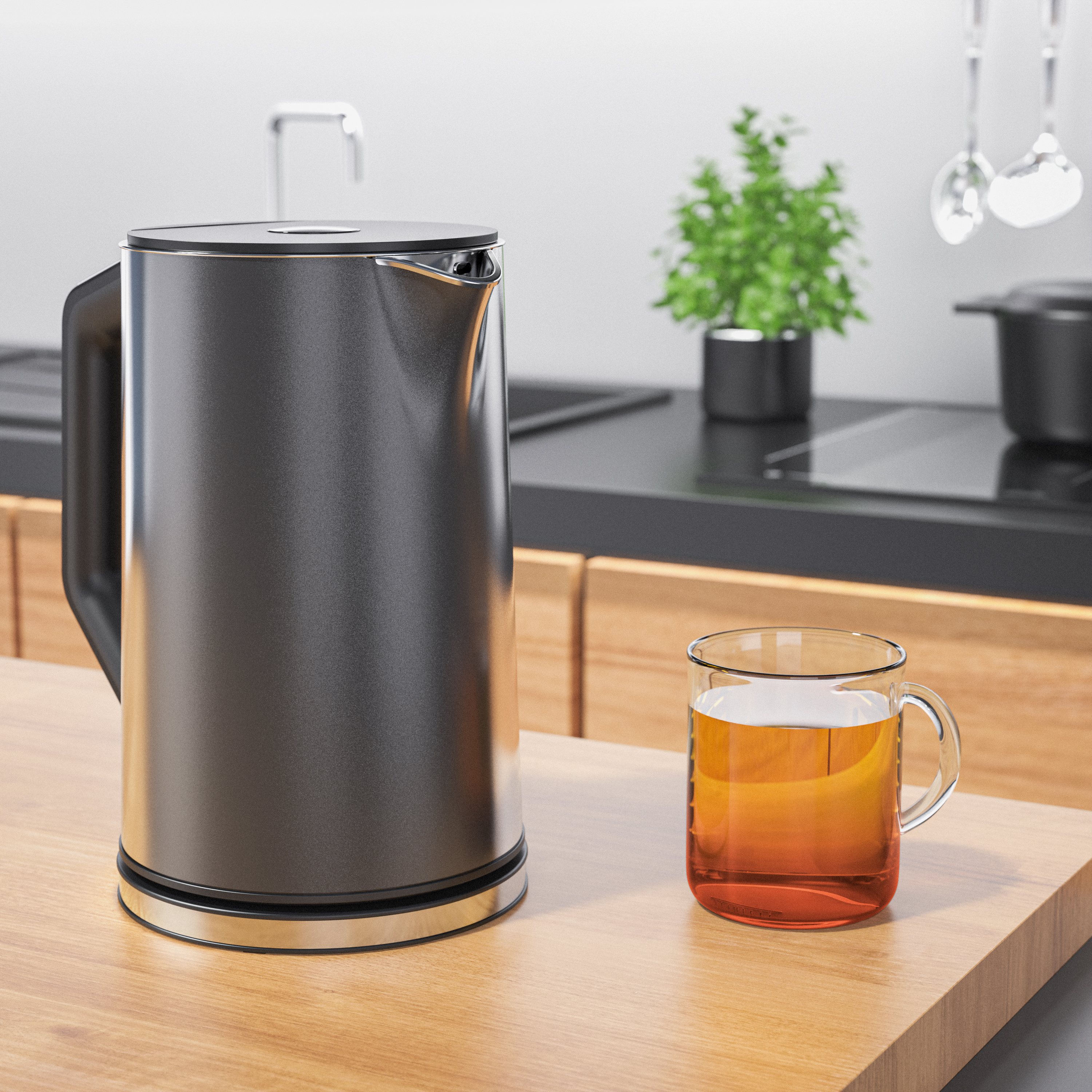 Ein schwarzer Wasserkocher und eine Tasse Tee stehen auf einer Holztheke in einer modernen Küche.