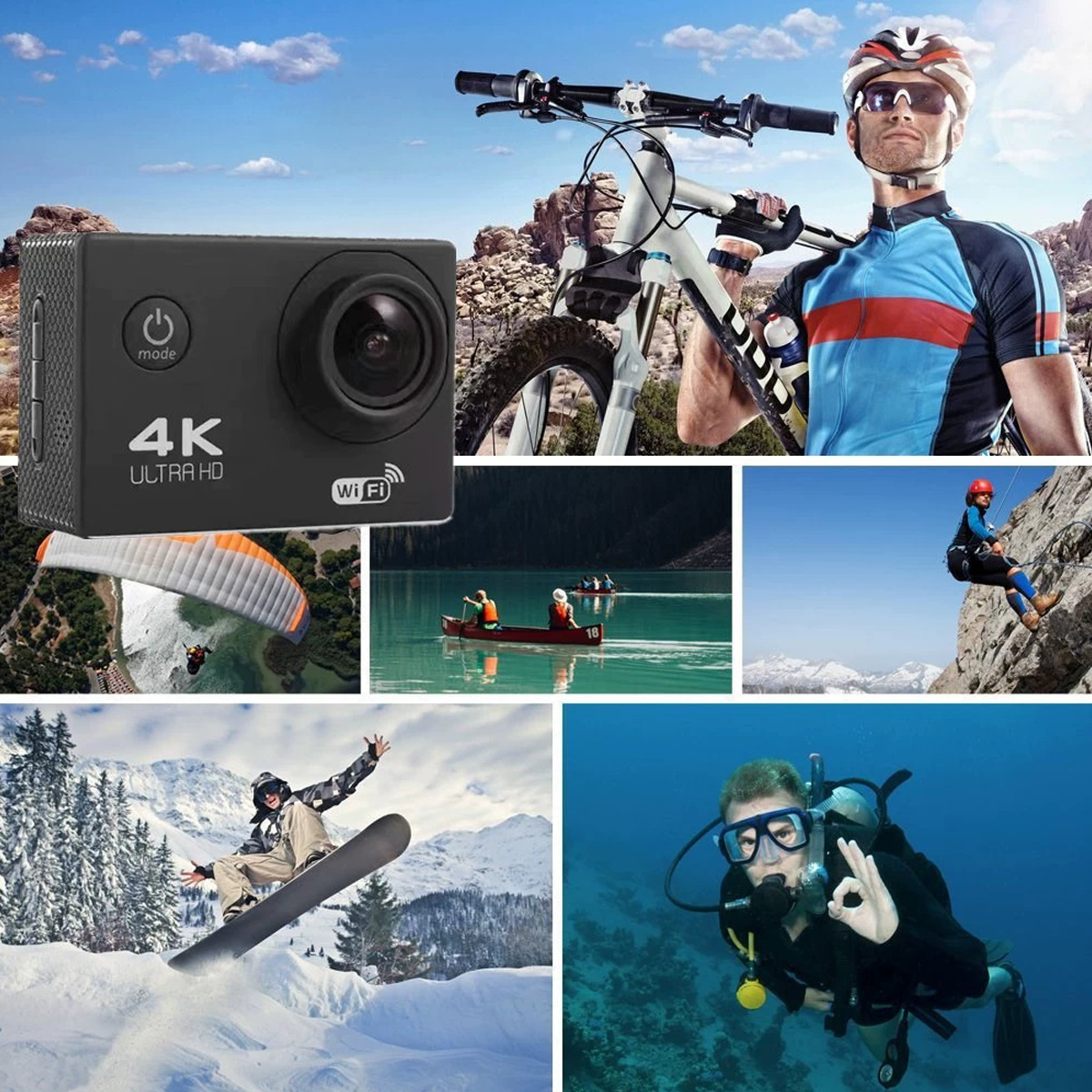 Eine 4K-Action-Kamera neben Aufnahmen von Radfahren, Gleitschirmfliegen, Kanufahren, Klettern, Snowboarden und Tauchen.