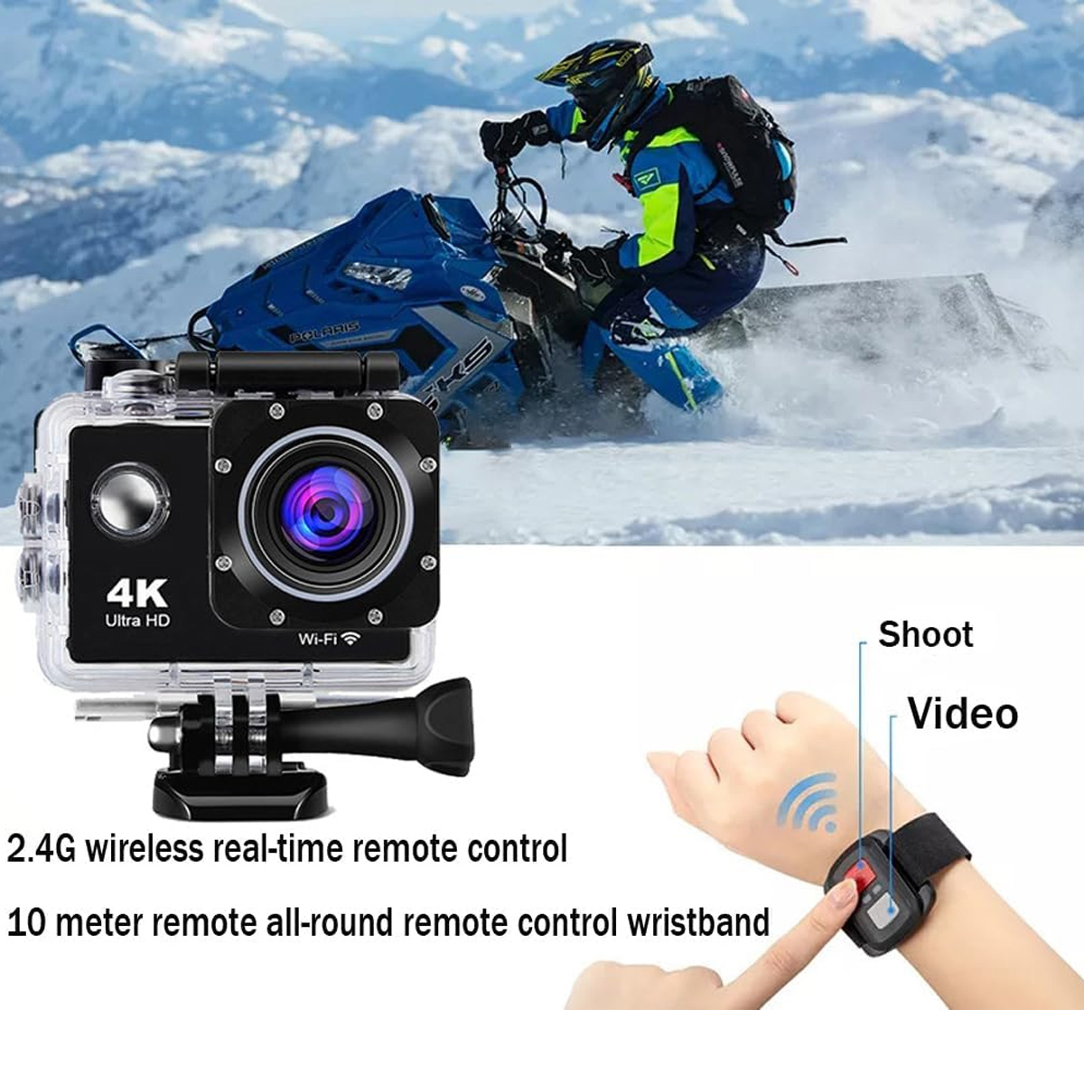 Action-Kamera 4K Ultra HD mit drahtloser Handgelenk-Fernbedienung vor verschneiter Bergkulisse.