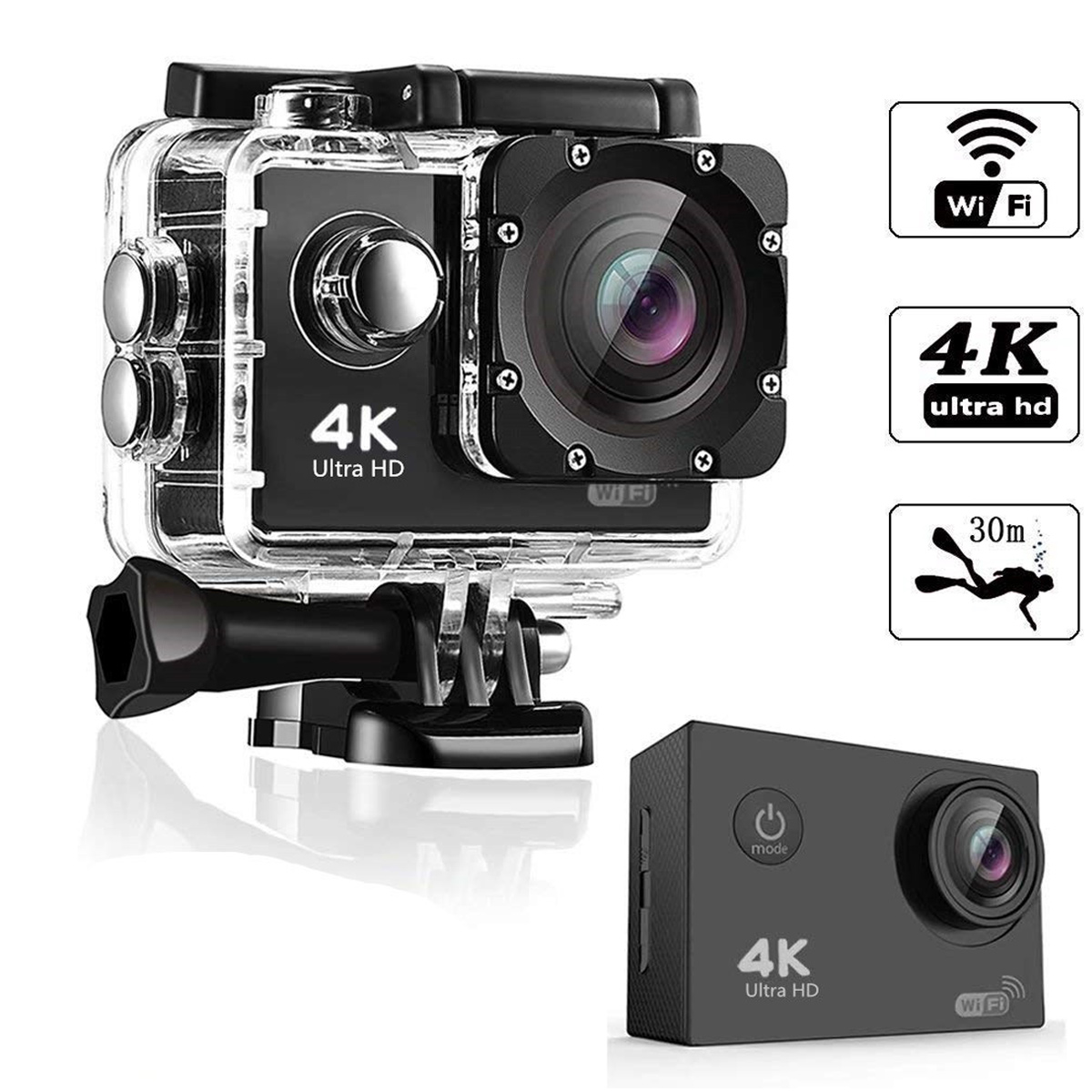 Eine schwarze 4K Ultra HD Actioncam in einem klaren Unterwassergehäuse, mit Wi-Fi-Symbol und Tauch-Icon.