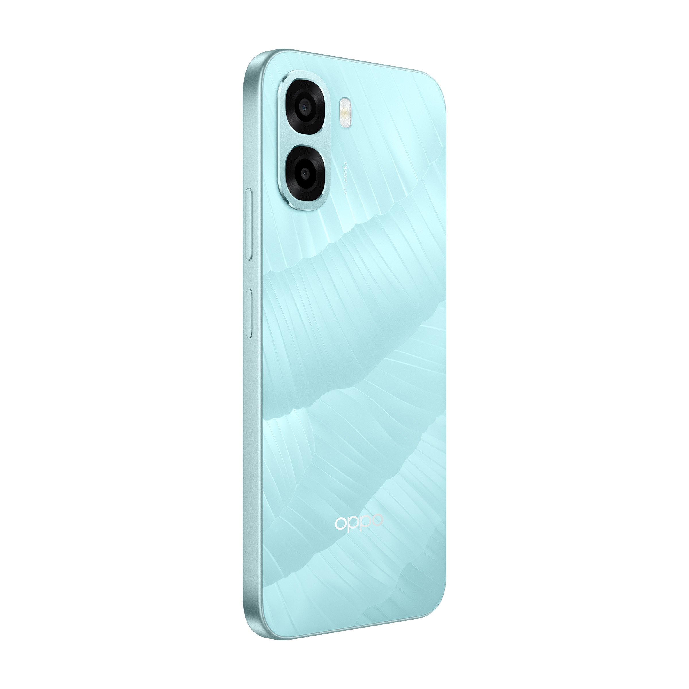 Uno smartphone azzurro con motivo ondulato sul pannello posteriore e modulo a doppia fotocamera verticale.