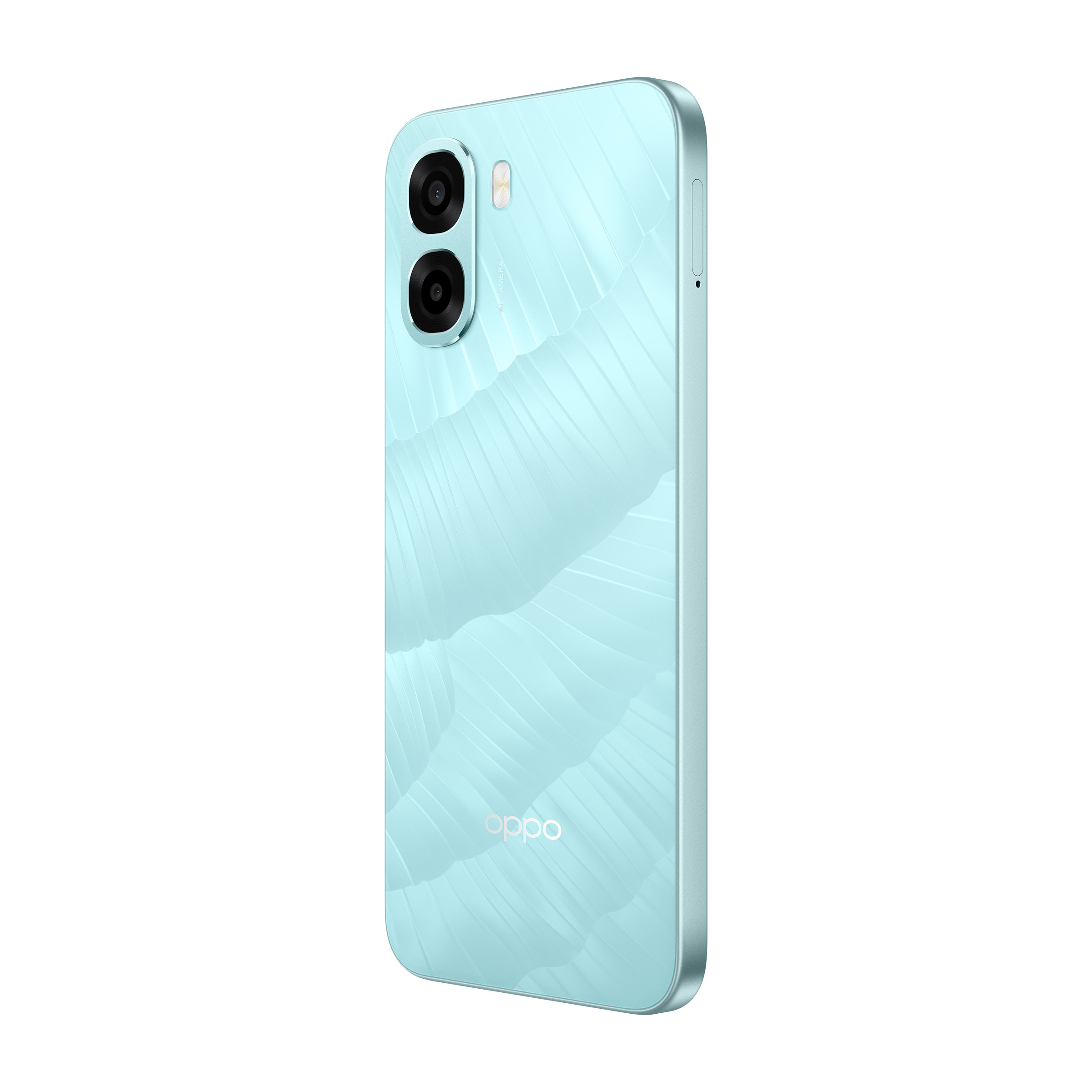 Uno smartphone azzurro visto da dietro, con doppia fotocamera e logo Oppo.