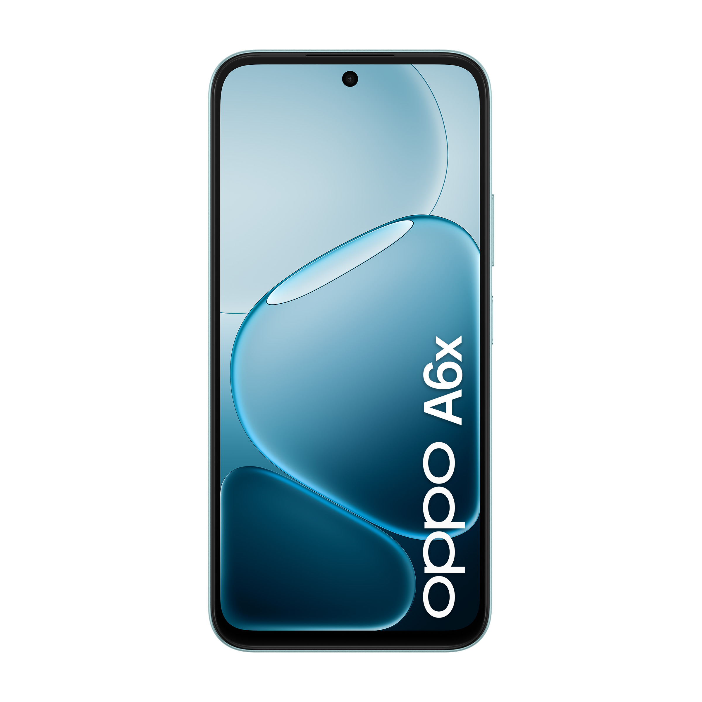 Vista frontale dello smartphone blu OPPO A6x con uno sfondo astratto chiaro sullo schermo.