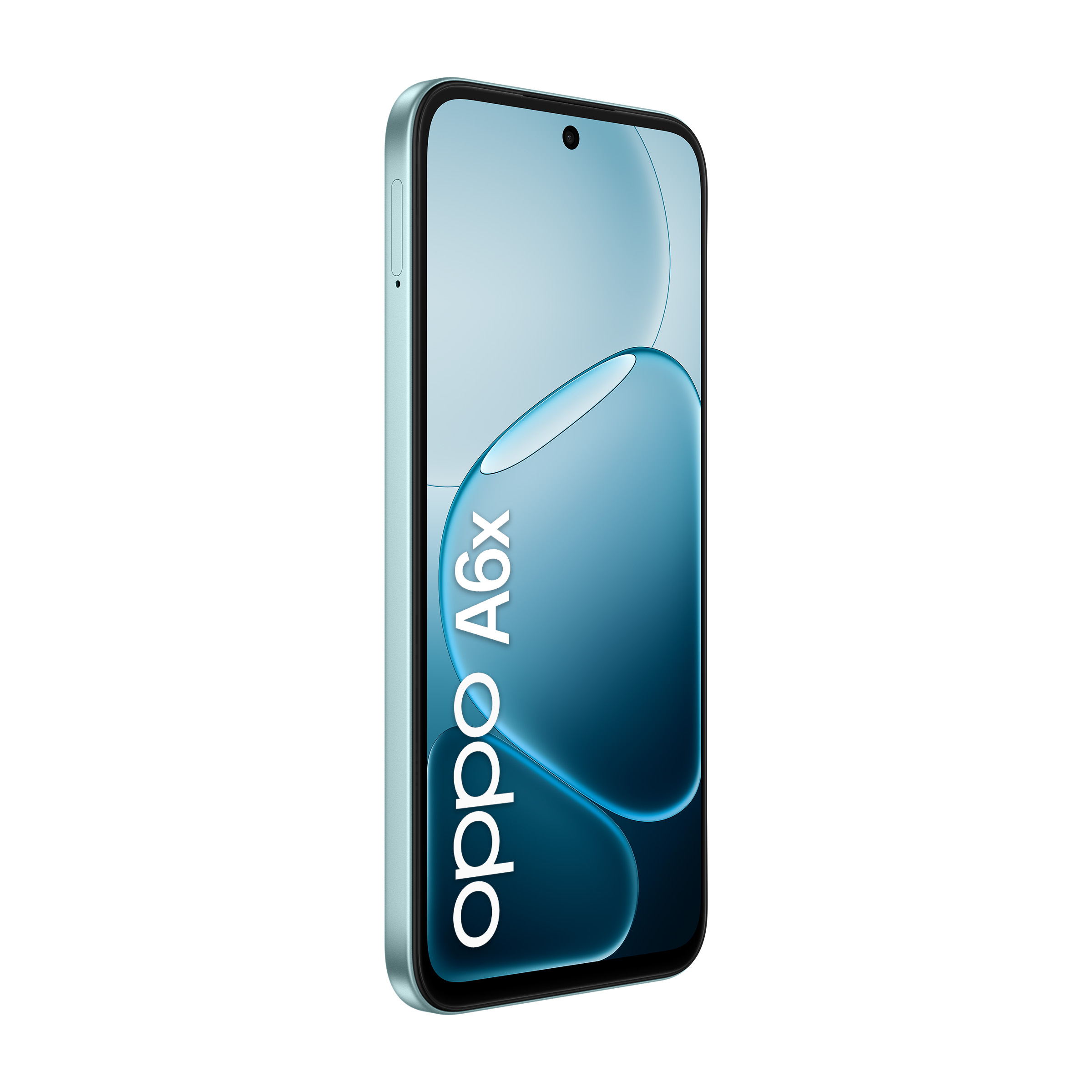 Uno smartphone Oppo A6x azzurro inclinato a sinistra, mostra uno schermo blu.