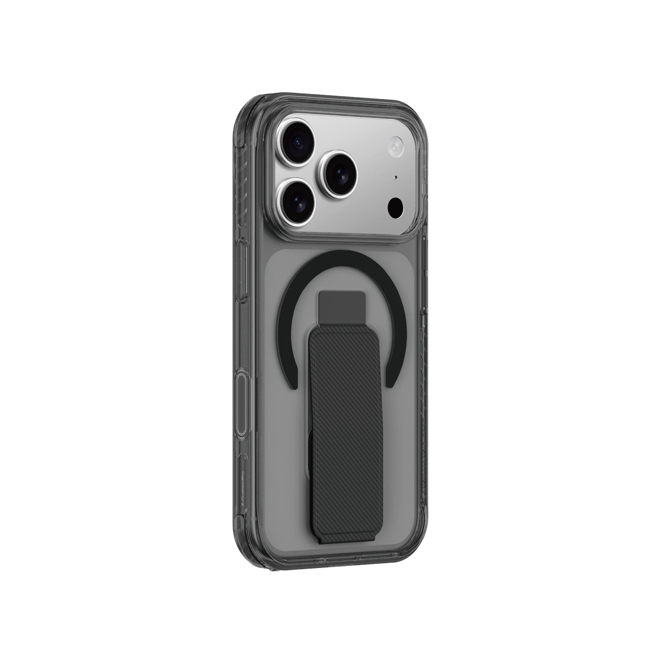 Transparente Smartphone-Hülle mit integriertem schwarzem Ständer auf der Rückseite.