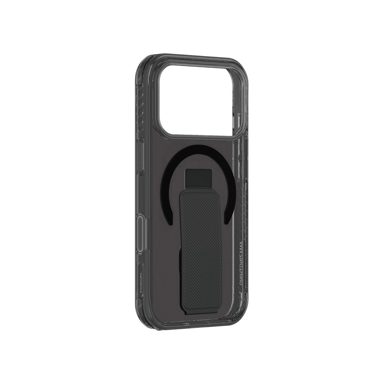 Transparente Smartphone-Hülle mit integriertem schwarzem Ständer auf der Rückseite.