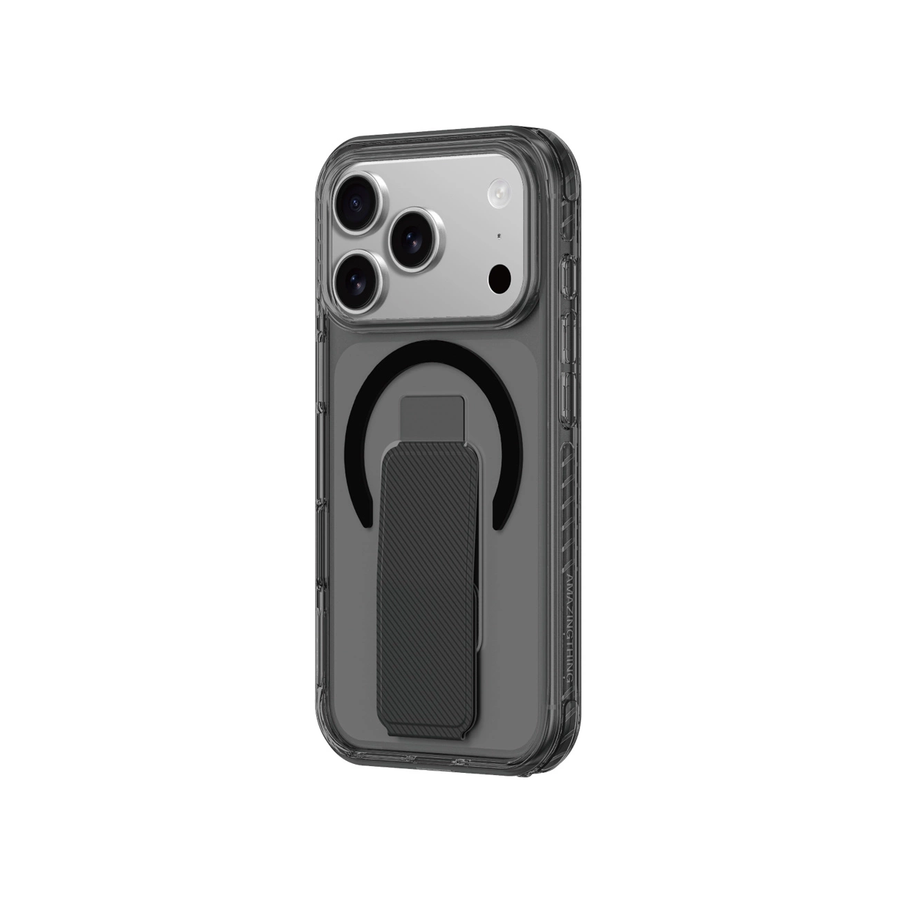 Ein Smartphone in einer durchsichtig-grauen Hülle mit schwarzem Ring und Ständer.