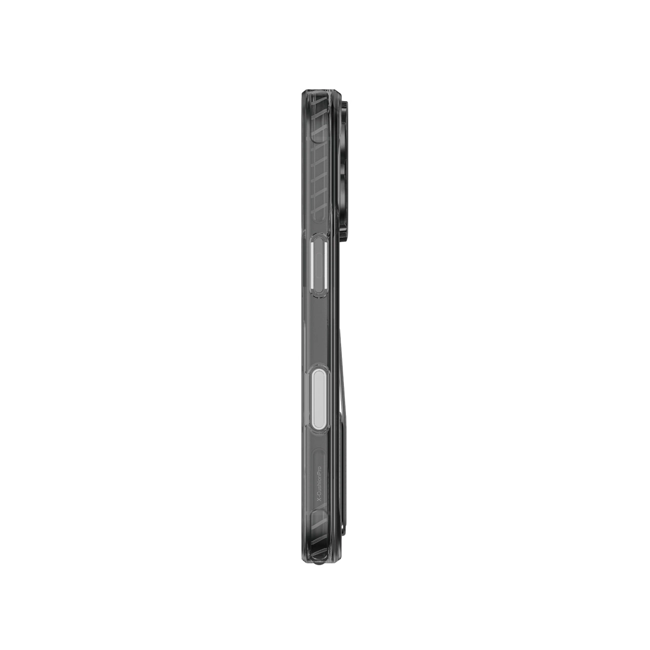 Seitenansicht einer transparenten Smartphone-Schutzhülle auf weißem Hintergrund.
