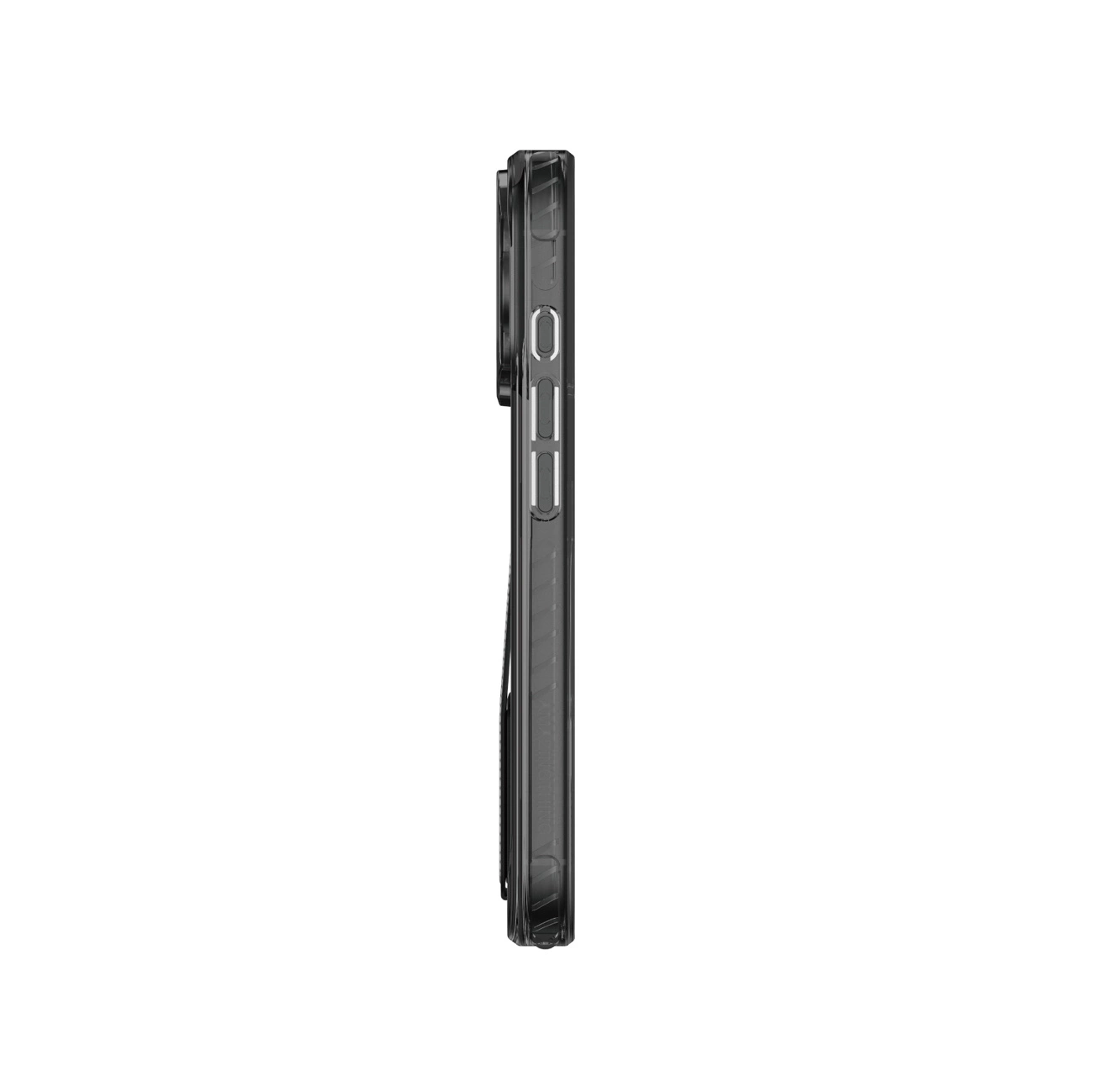 Seitenansicht einer schwarzen Smartphone-Hülle auf weißem Hintergrund mit Seitentasten.