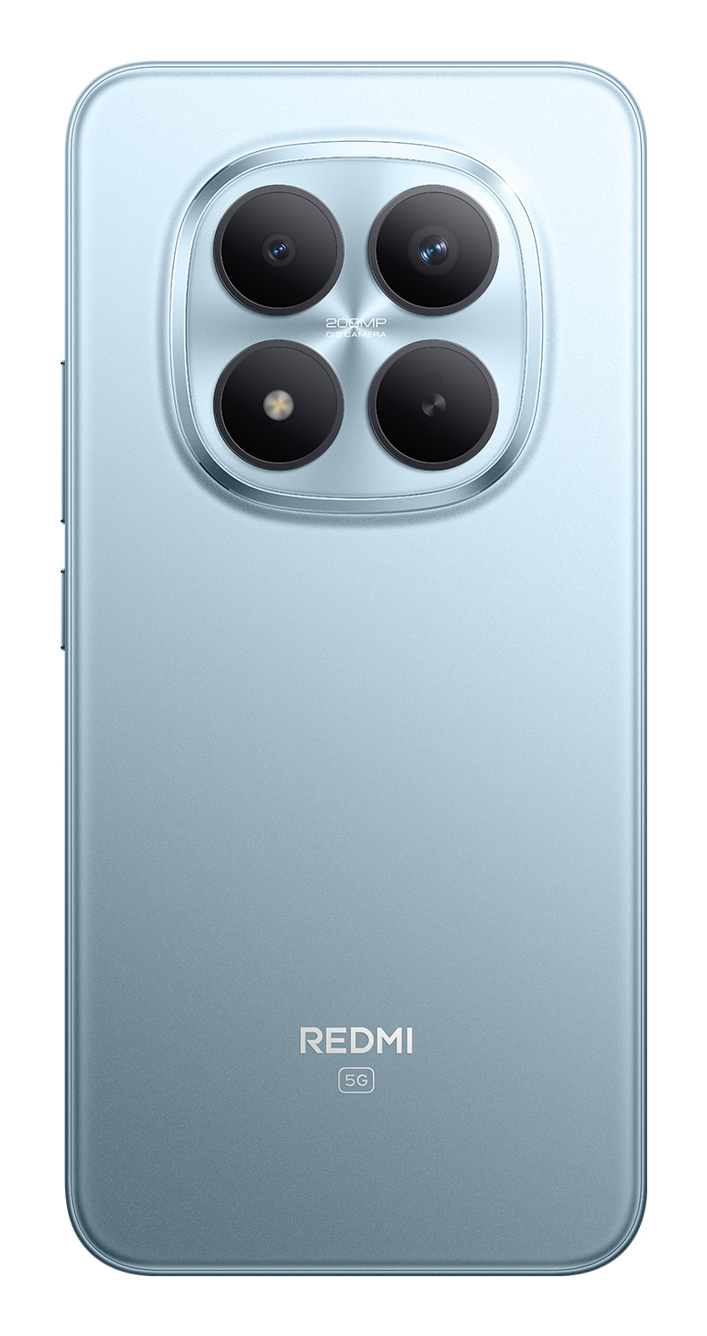 Retro dello smartphone Redmi 5G azzurro con modulo fotocamera quadrato a quattro lenti.