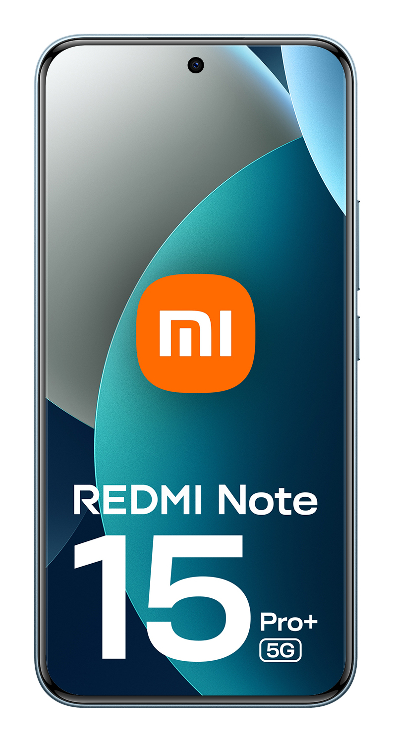 Smartphone con scocca blu e display Redmi Note 15 Pro+ 5G.