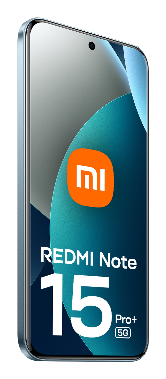 Smartphone Redmi Note 15 Pro+ 5G con cornice blu e schermo che mostra il logo Mi arancione e rosso.