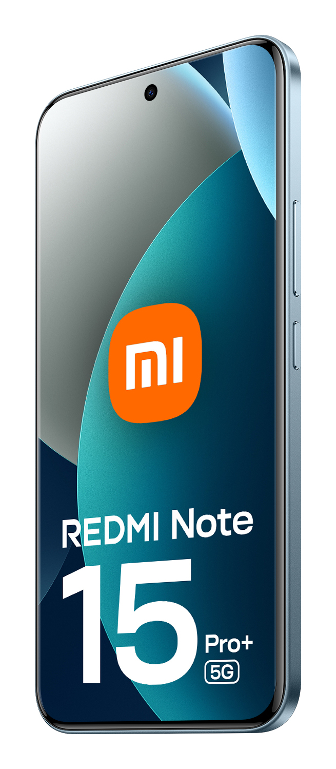 Vista dello smartphone blu Redmi Note 15 Pro+ 5G con grafica sul display.