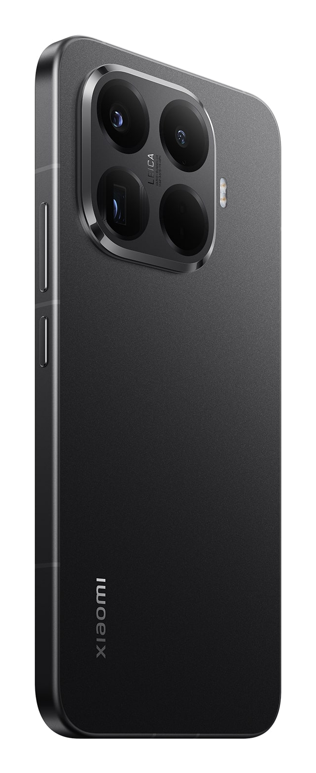Retro di uno smartphone Xiaomi grigio scuro con un grande modulo fotocamera rettangolare e marchio Leica.