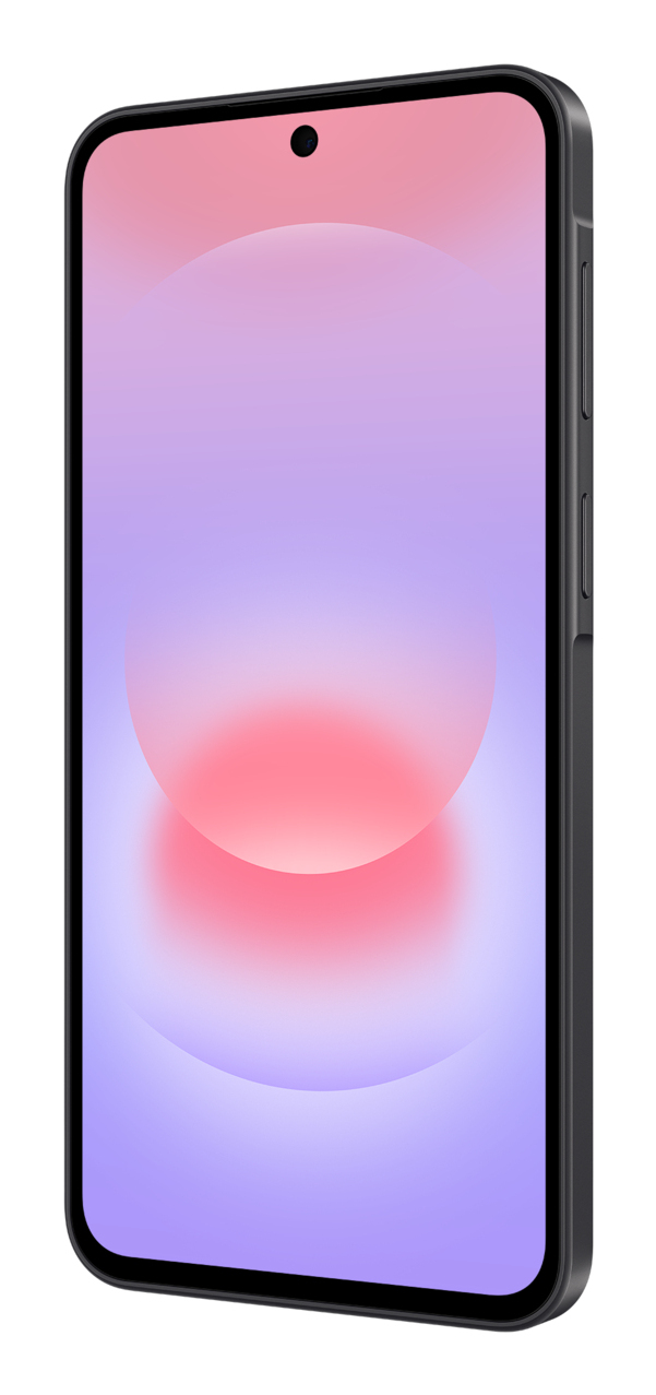 Uno smartphone nero con uno schermo sfumato rosa e viola, visto dal lato destro.