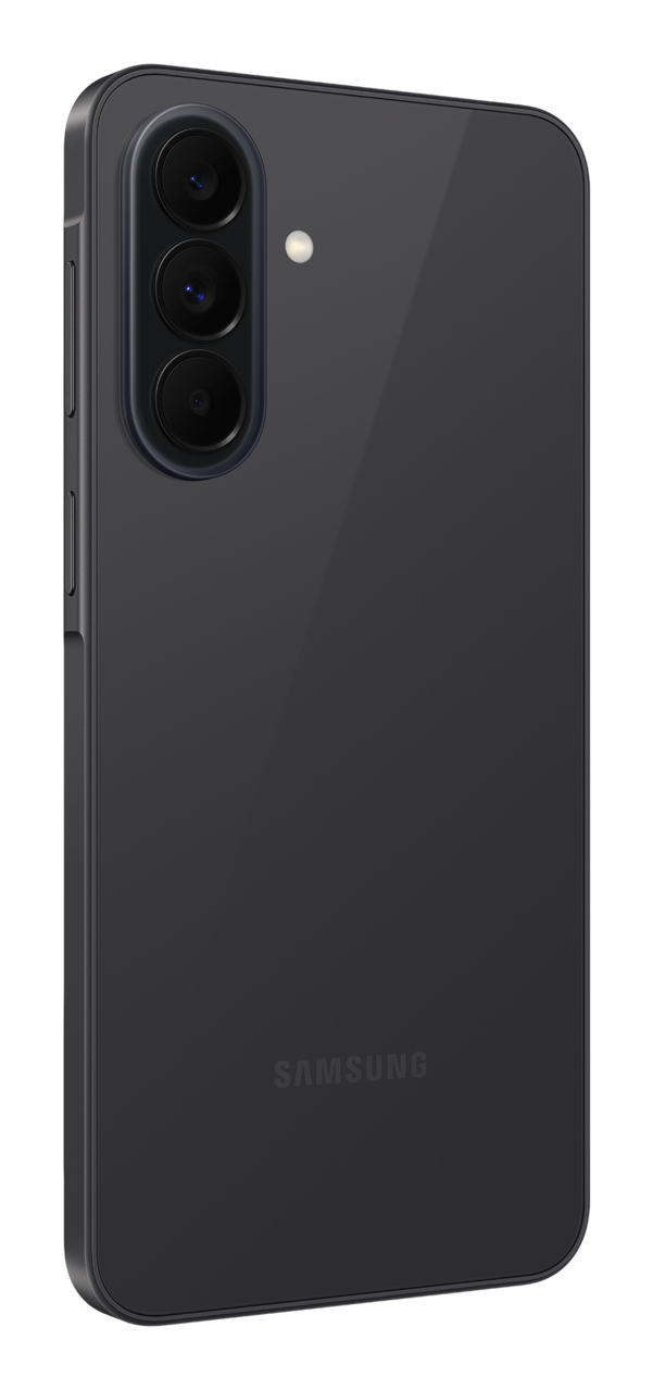 Retro di uno smartphone scuro con modulo a tripla fotocamera verticale e logo Samsung.