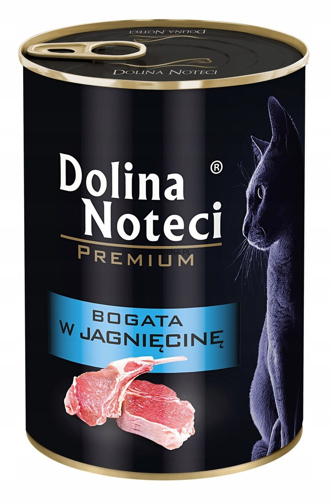 Czarna puszka karmy dla kota Dolina Noteci z wizerunkiem czarnego kota i kawałkami jagnięciny.
