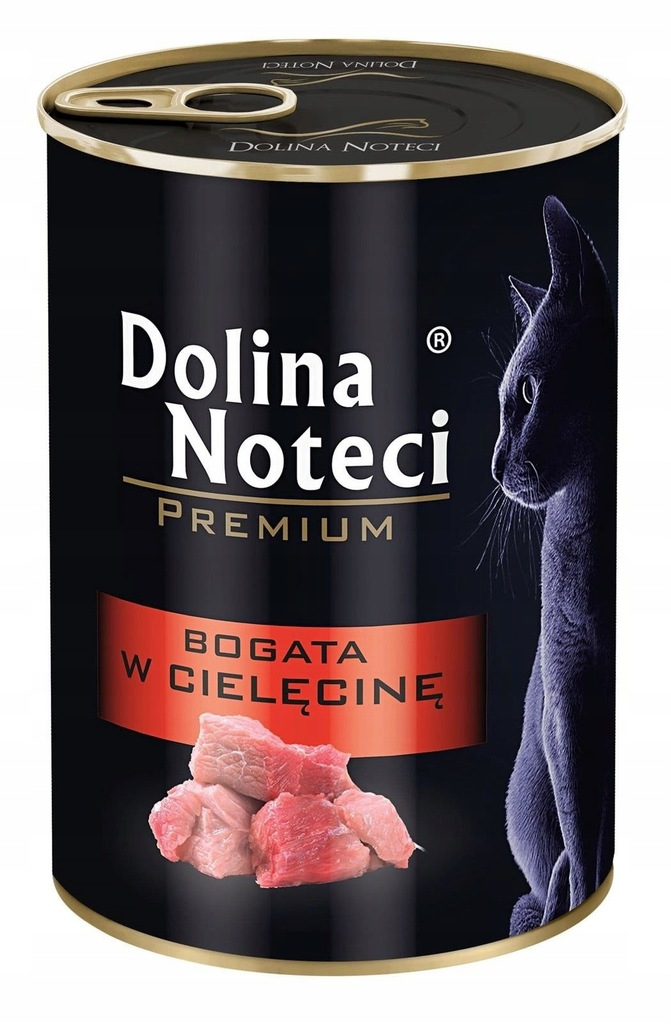 Czarna puszka karmy dla kotów Dolina Noteci z cielęciną i czarnym kotem.