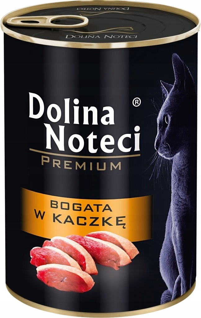 Czarna puszka karmy dla kota Dolina Noteci z czarnym kotem, mięsem kaczki i złotymi napisem.