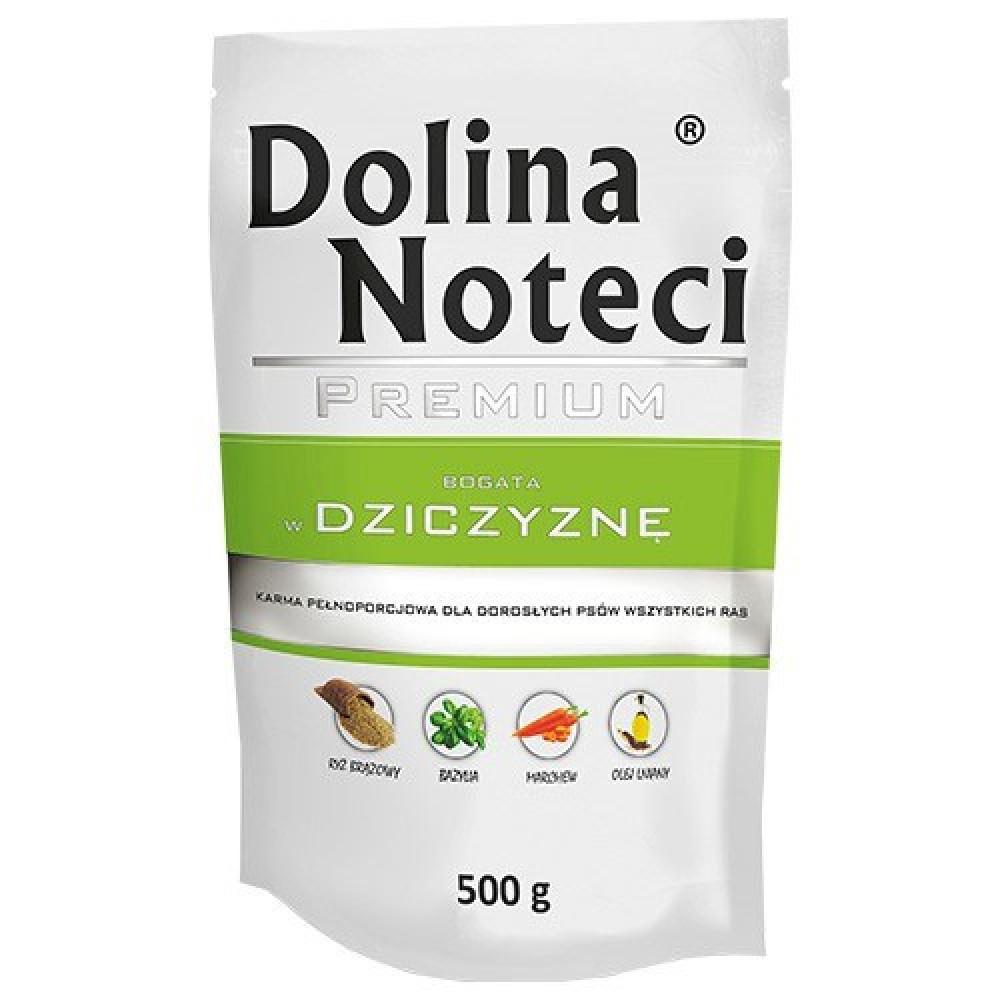 Biala saszetka 500g karmy dla psow Dolina Noteci z zielonym paskiem i ikonami.