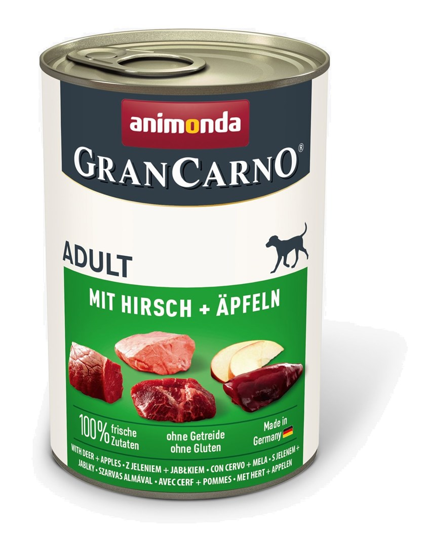 Puszka karmy dla psa Animonda GranCarno Adult z dziczyzną i jabłkami, surowe mięso i plasterki.