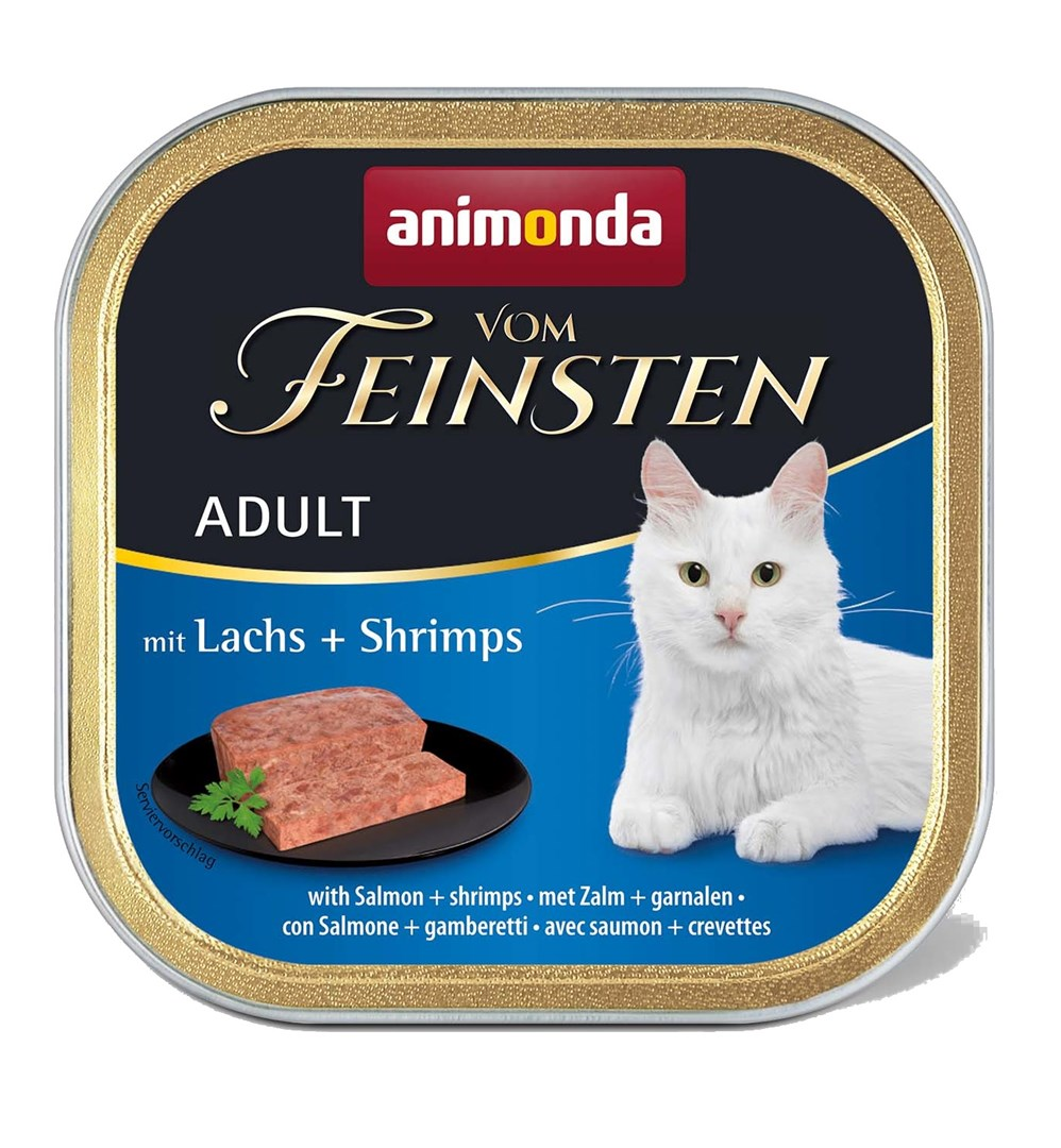 Puszka karmy dla kota Animonda Vom Feinsten z łososiem i krewetkami, z białym kotem i pasztetem.