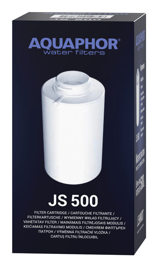 Blaue Aquaphor JS 500 Wasserfilterkartonage mit weißer Ersatzkartusche.