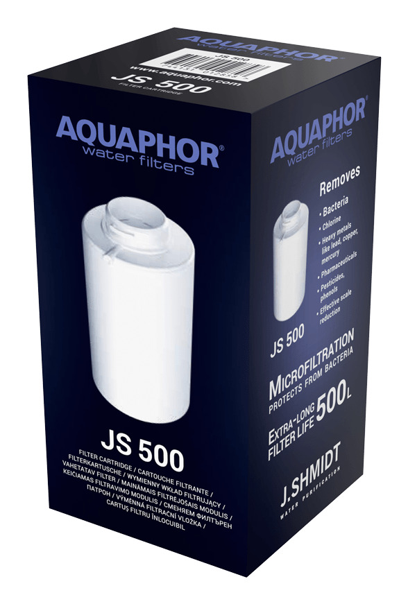 Blaue Aquaphor JS 500 Wasserfilterkartonage mit weißer Filterpatrone und Produktinformationen.