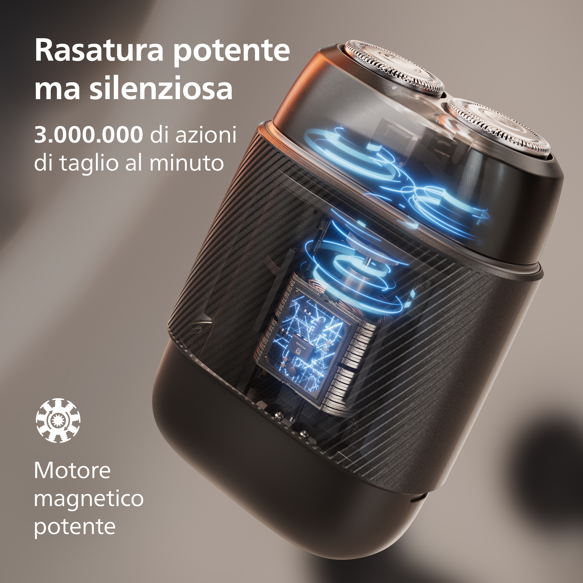 Un rasoio elettrico con corpo trasparente che rivela tecnologia interna e luci blu.