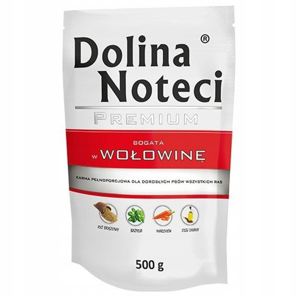 Biała saszetka karmy dla psa Dolina Noteci premium z czerwonym paskiem i ikonami składników, 500g.