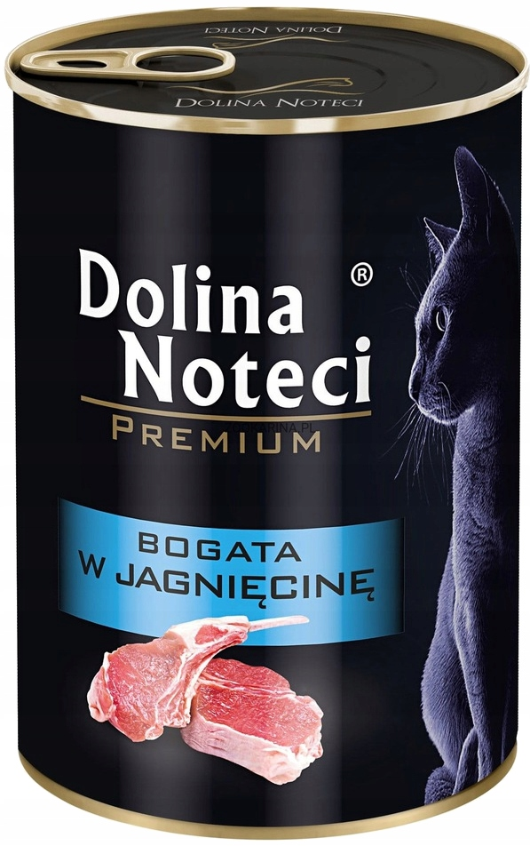 Czarna puszka karma dla kota z czarnym kotem, mięsem jagnięcym i białym napisem Dolina Noteci Premium.