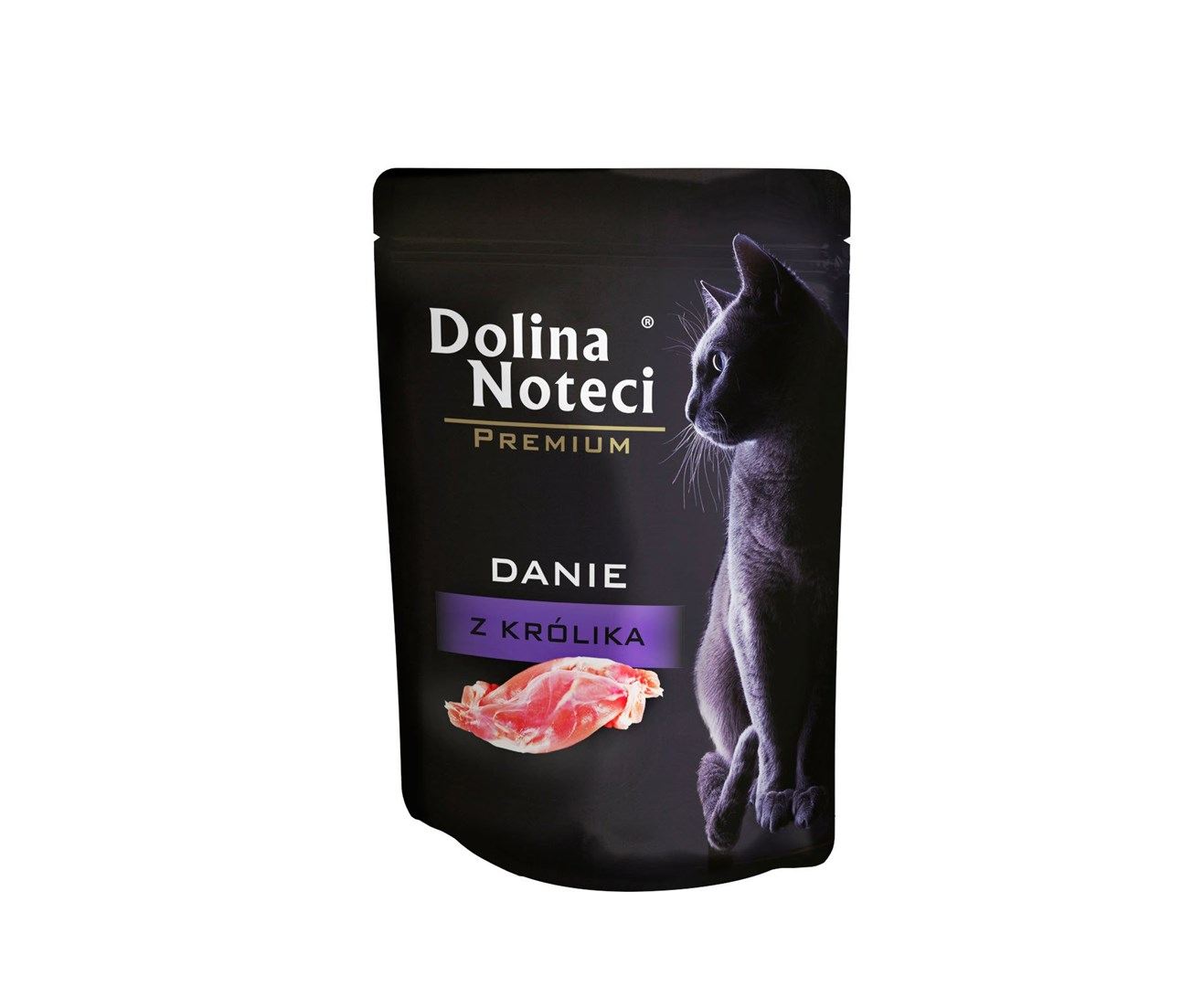 Czarna saszetka karm dla kotów Dolina Noteci Premium z szarym kotem i mięsem królika.